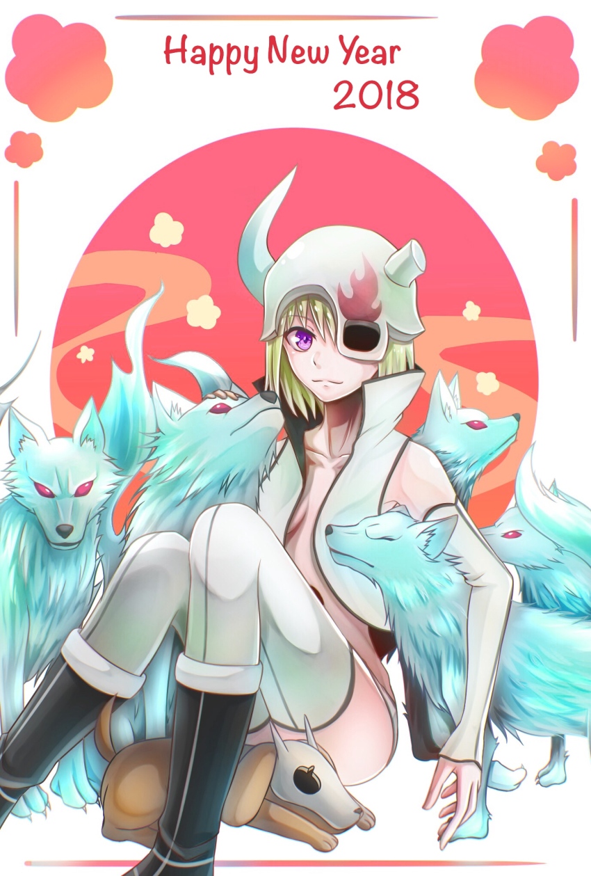 1girl, 2018, :3, bare_shoulders, black_footwear, bleach, breasts, closed_mouth, commentary_request, detached_sleeves, dog, feet_out_of_frame, flame_print, green_hair, hair_ornament, happy_new_year, highres, hug, knees_together_feet_apart, knees_up, kukkapuuro, lilynette_gingerbuck, looking_at_viewer, mask, nengajou, new_year, one_eye_covered, open_clothes, open_vest, petting, purple_eyes, red_background, red_eyes, short_hair, simple_background, sitting, skull_hair_ornament, skull_mask, sleeves_past_wrists, small_breasts, smile, solo, split_mouth, sumire_1046, thighhighs, two-tone_background, vest, white_background, white_thighhighs, white_vest, wolf