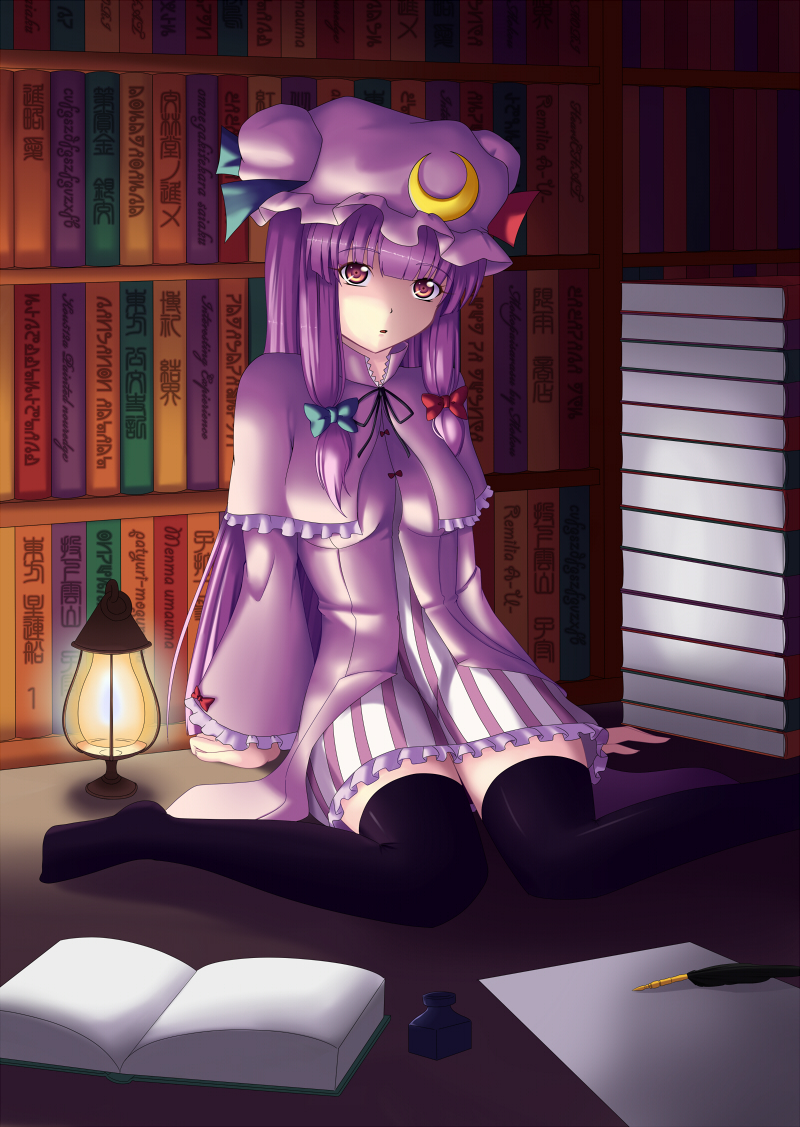 1girl, aitsugawa_rui, bad_id, bad_pixiv_id, black_thighhighs, book, bookshelf, crescent
