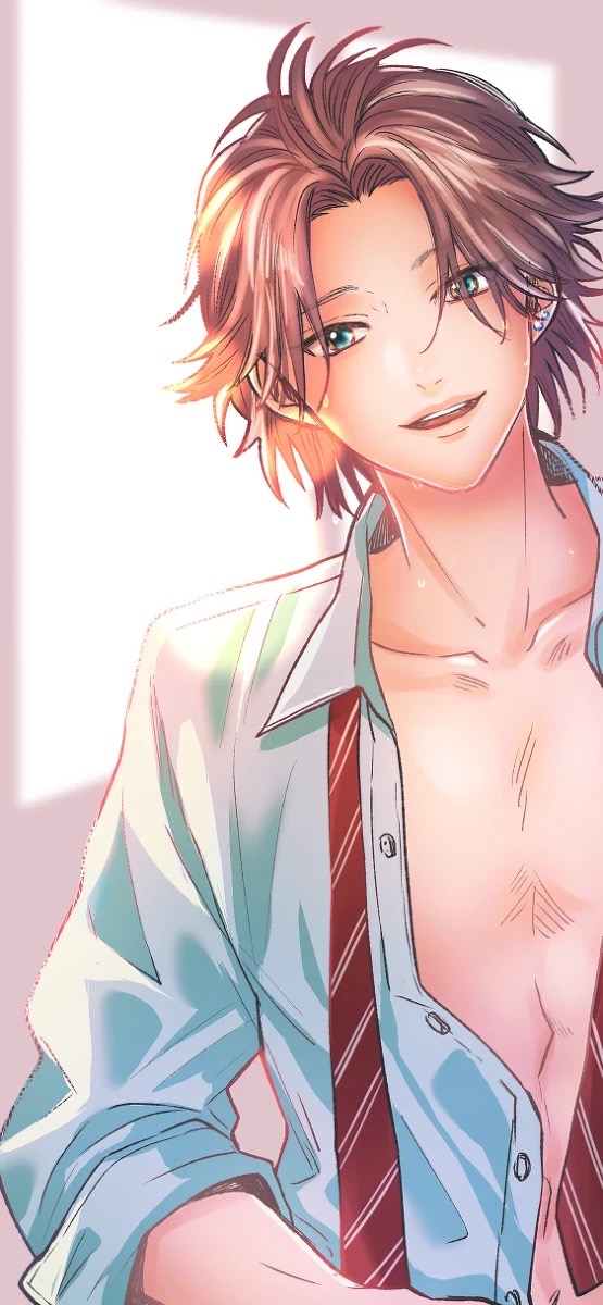 1boy, :d, aqua_eyes, collarbone, collared_shirt, dress_shirt, ear_piercing, habataki_academy_school_uniform