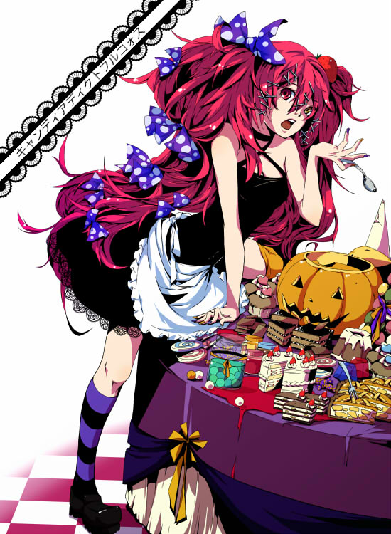 1girl, alternate_hair_color, bad_id, bad_pixiv_id, bow, cake, candy, candy_addict_full_course_(vocaloid)