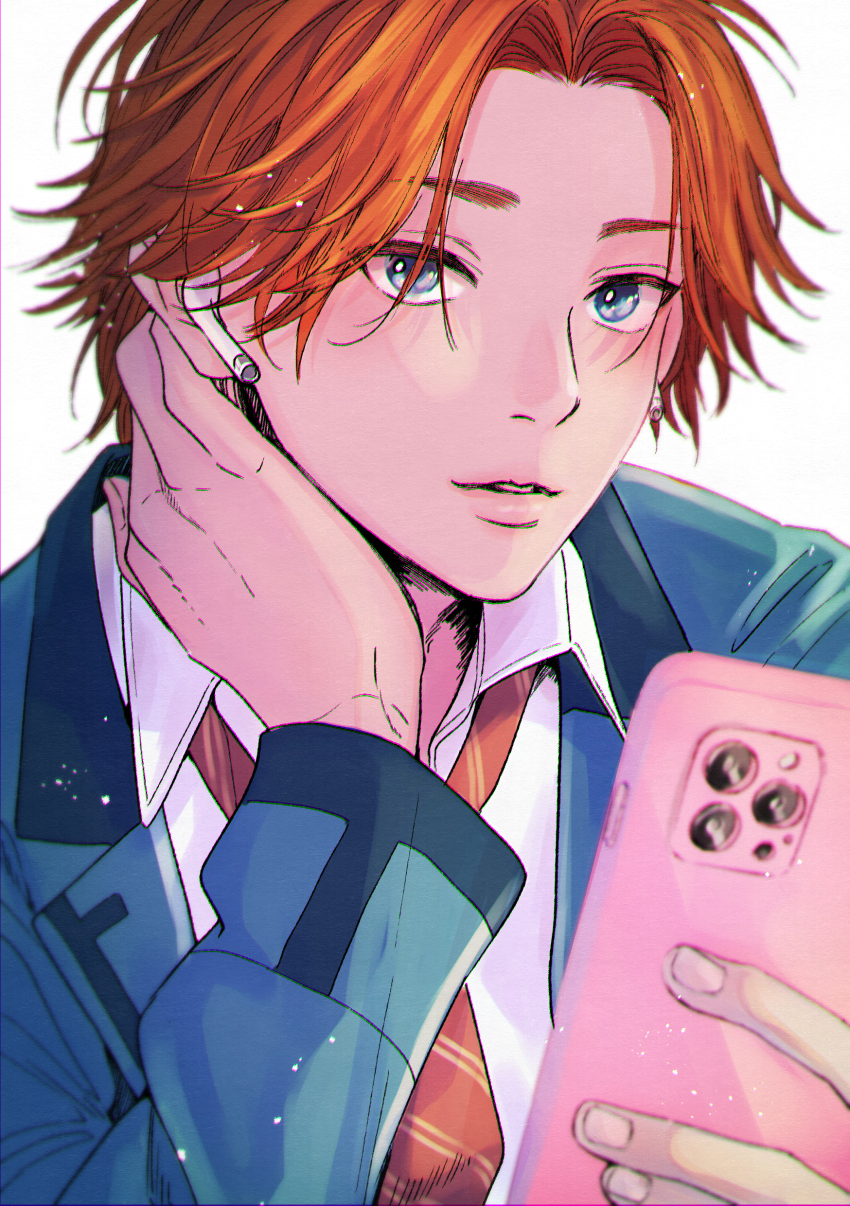 1boy, absurdres, blazer, blue_eyes, blue_jacket, cellphone, collared_shirt, earphones