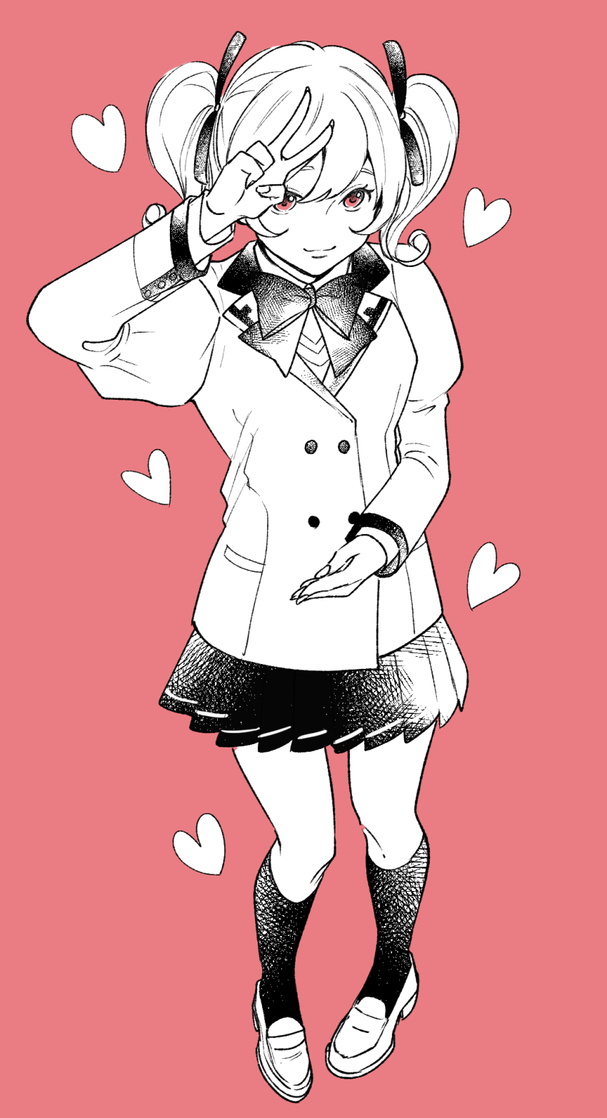 1girl, blazer, bow, bowtie, buttons, closed_mouth, collared_shirt, double-breasted