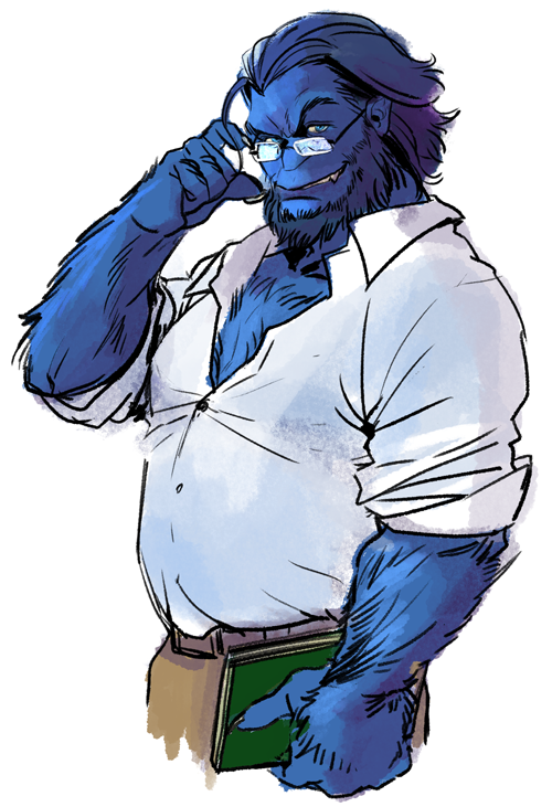 1boy, adjusting_eyewear, bara, beard, beast_(x-men), blue_facial_hair, blue_fur, blue_hair, blue_skin, book, colored_skin, cropped_legs, facial_hair, full_beard, glasses, holding, holding_book, looking_at_viewer, loose_hair_strand, marvel, mature_male, midoo_(scarecrow-forest), monster_boy, muscular, muscular_male, raised_eyebrow, short_hair, smirk, solo, teacher, thick_beard, white_background, x-men, x-men:_days_of_future_past, x-men_film_series