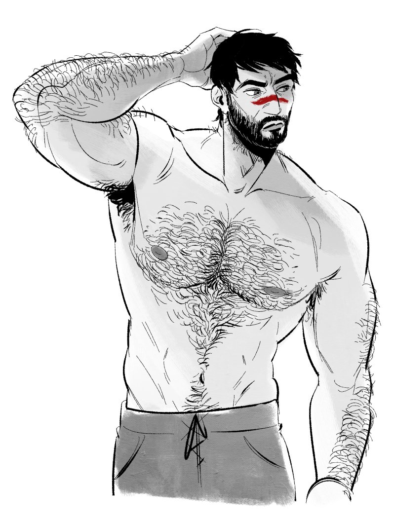 1boy, armpit_hair, armpit_hair_peek, bara, beard, cropped_legs, dragon_age, dragon_age_2