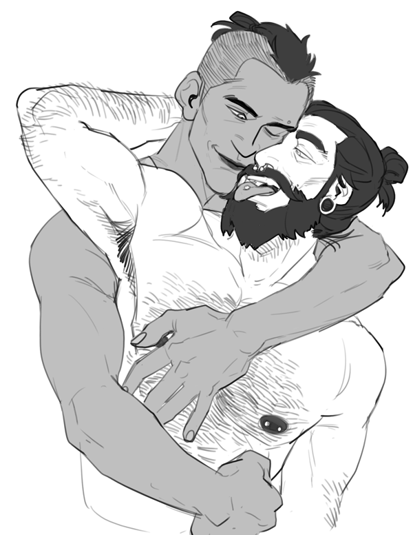 2boys, arm_hair, armpit_hair, arms_around_neck, bara, barbell_piercing, beard, blackwall, chest_hair, couple, cropped_torso, dragon_age, dragon_age:_inquisition, earrings, facial_hair, full_beard, greyscale, hairy, heads_together, hug, hug_from_behind, jewelry, male_focus, mature_male, midoo_(scarecrow-forest), monochrome, multiple_boys, muscular, muscular_male, mutual_hug, navel, navel_hair, nipples, nude, one_eye_closed, pectorals, piercing, short_hair, sideburns, smile, thick_beard, thick_eyebrows, tongue_piercing, undercut, yaoi