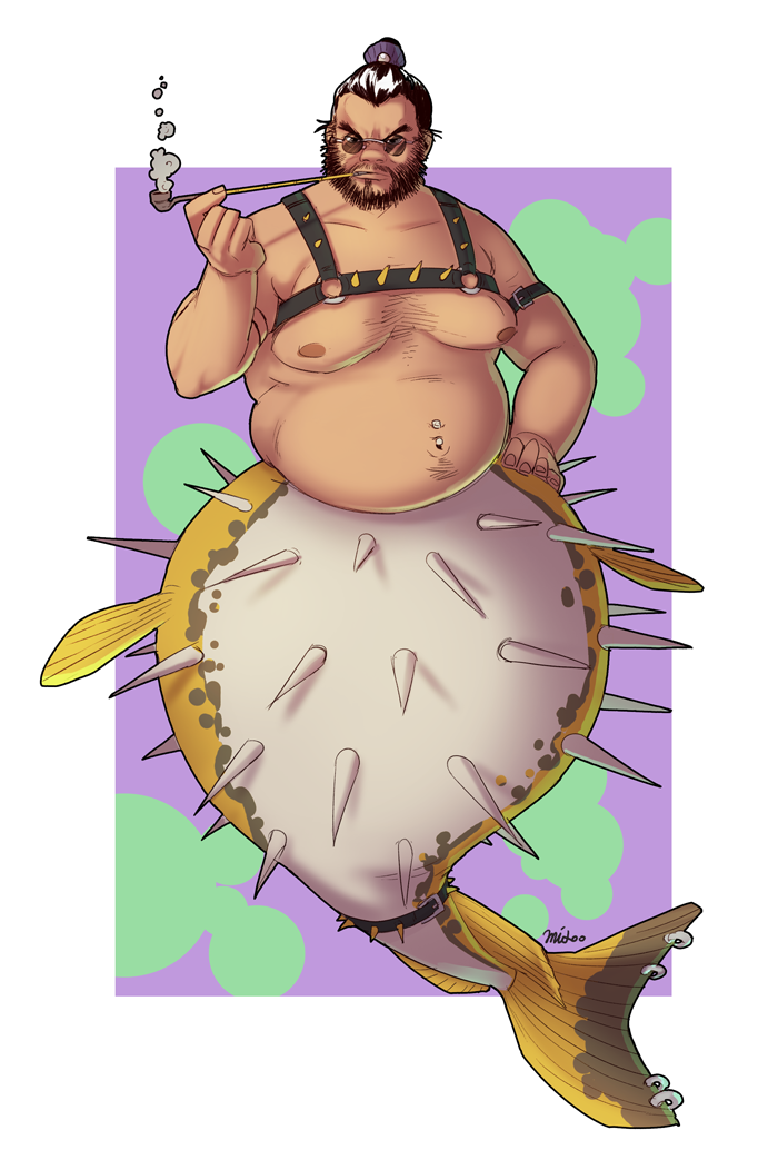 1boy, bara, beard, belly, chest_harness, facial_hair, fat, fat_man