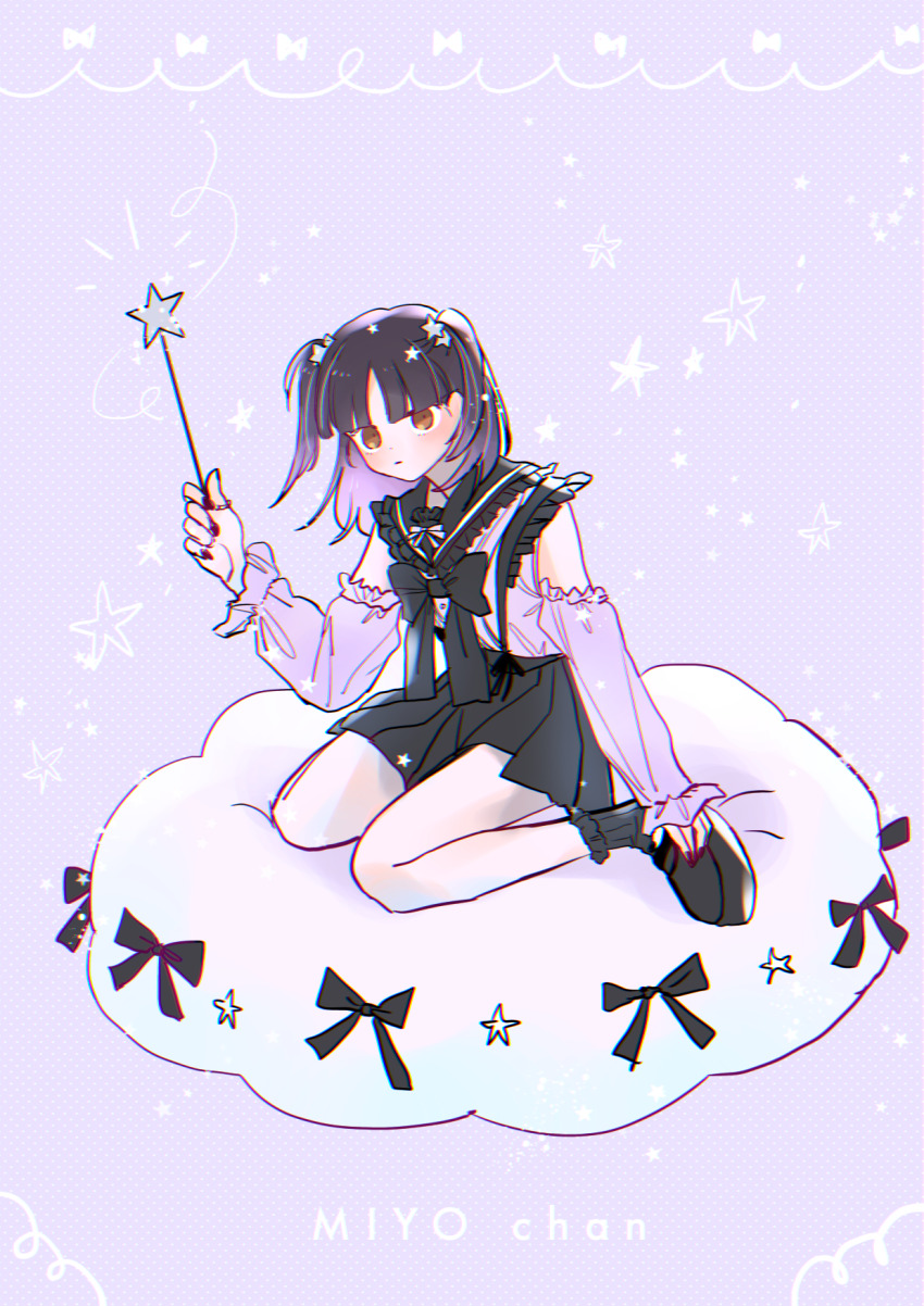 1girl, black_bow, black_bowtie, black_shoes, black_skirt, black_socks, blush, bow, bowtie, character_name, detached_sleeves, frills, full_body, hair_ornament, hand_up, highres, holding, holding_wand, kokaba, looking_at_viewer, miniskirt, multicolored_hair, nail_polish, on_cloud, pleated_skirt, purple_background, purple_hair, shoes, sitting, skirt, socks, solo, star_(symbol), star_hair_ornament, star_wand, tokimeki_memorial, tokimeki_memorial_girl's_side, tokimeki_memorial_girl's_side_3rd_story, two-tone_hair, ugajin_miyo, wand, wariza, yellow_eyes