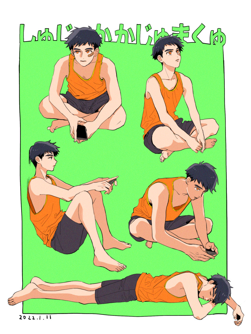 1boy, arm_pillow, bandaid, bandaid_on_cheek, bandaid_on_face, bare_arms, bare_shoulders, barefoot, black_shorts, casual, closed_mouth, dated, facing_to_the_side, green_background, highres, holding, holding_phone, indian_style, knees_up, kokaba, leaning_forward, looking_ahead, looking_up, lying, male_focus, multiple_views, on_stomach, orange_tank_top, outside_border, outstretched_arms, own_hands_together, phone, red_eyes, shorts, sideways_glance, sitting, sleeping, sleeveless, suzuka_kazuma, tank_top, tokimeki_memorial, tokimeki_memorial_girl's_side, tokimeki_memorial_girl's_side_1st_love, v_arms