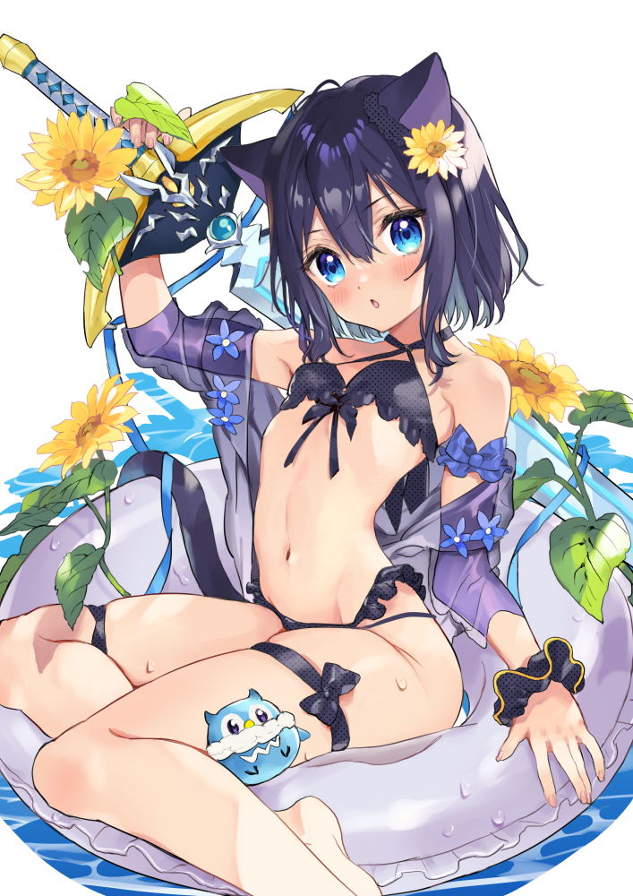 1girl, 1other, alternate_hair_color, arm_ribbon, bikini, blue_eyes, detached_sleeves, feet_out_of_frame, flat_chest, flower, fran_(tensei_shitara_ken_deshita), frilled_bikini, frills, hair_flower, hair_ornament, holding, holding_sword, holding_weapon, innertube, light_blush, looking_at_viewer, medium_hair, navel, open_mouth, purple_bikini, purple_hair, ribbon, scrunchie, shishou_(tensei_shitara_ken_deshita), simple_background, stomach, stuffed_animal, stuffed_owl, stuffed_toy, sunflower, swim_ring, swimsuit, sword, tensei_shitara_ken_deshita, thigh_strap, water_drop, weapon, wet, wet_clothes, white_background, wrist_scrunchie, zooya