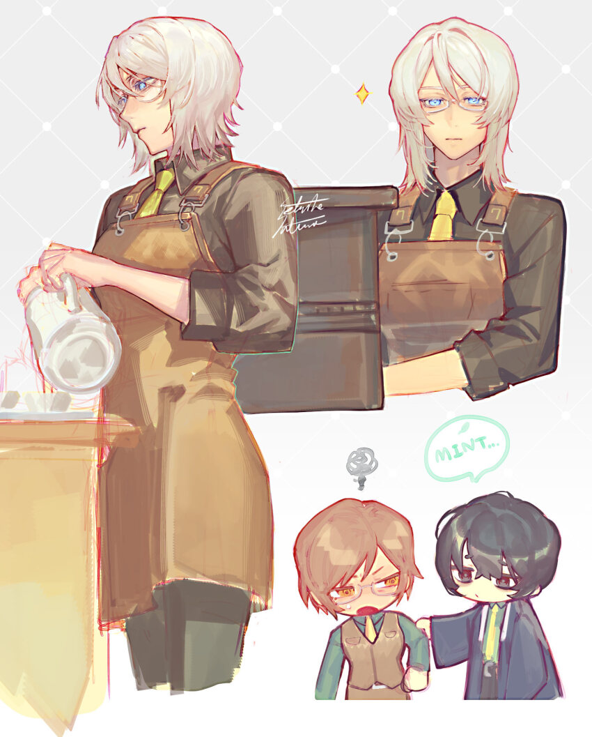 1boy, 2girls, apron, black_eyes, black_hair, black_shirt, blue_eyes, brown_apron