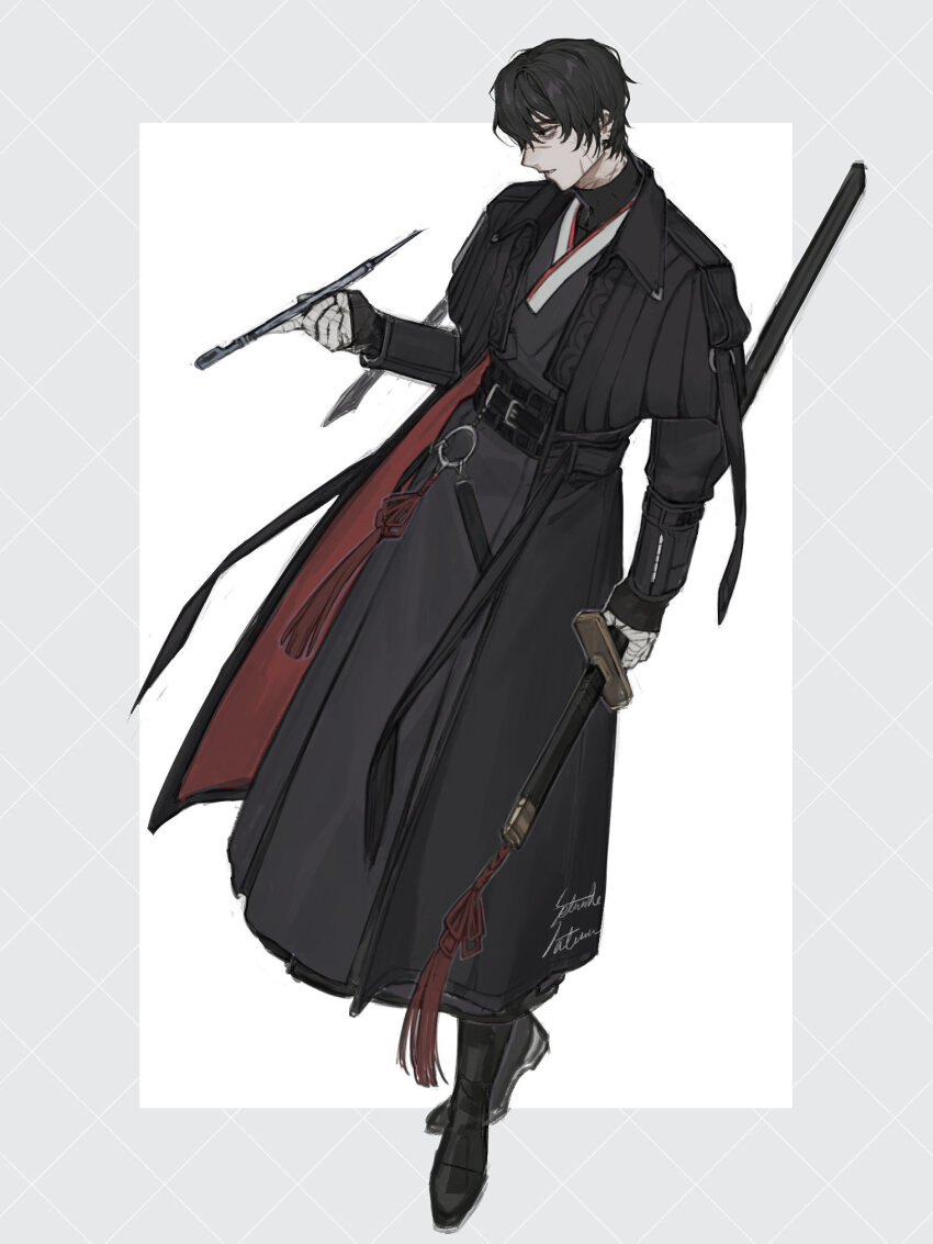 1boy, bandaged_hand, bandages, belt, black_belt, black_boots, black_coat, black_eyes