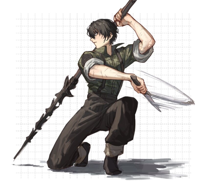 1boy, black_pants, camouflage, camouflage_shirt, collared_shirt, dagger, harpoon, highres