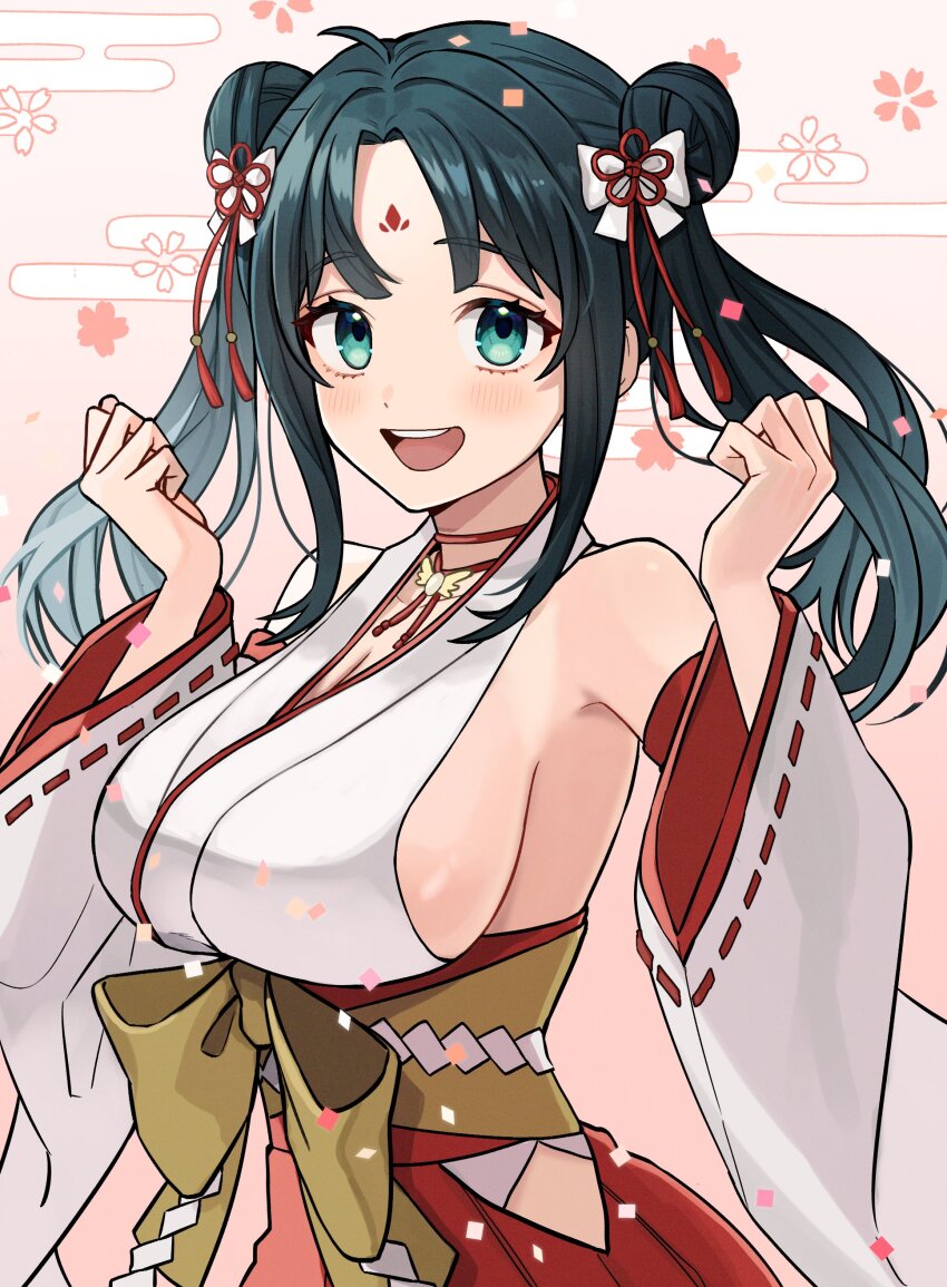 1girl, absurdres, ahoge, amano_nene_(vtuber), amano_nene_(shrine_maiden)_(vtuber), aqua_eyes, bare_shoulders, black_hair, blush, bow, breasts, choker, cleavage, clenched_hands, clothing_cutout, commentary, commission, detached_sleeves, double_bun, english_commentary, facial_mark, flower_knot, forehead, forehead_mark, fune_(user_kujn8834), hair_bun, hair_ornament, hakama, hakama_skirt, highres, hip_vent, japanese_clothes, kimono, large_breasts, long_hair, looking_at_viewer, miniskirt, nontraditional_miko, obi, official_alternate_costume, official_alternate_hairstyle, open_mouth, parted_bangs, production_kawaii, red_choker, red_skirt, ribbon-trimmed_thighhighs, ribbon_trim, sash, second-party_source, sideboob, sideless_kimono, sidelocks, skeb_commission, skirt, sleeveless, sleeveless_kimono, smile, solo, tassel, tassel_hair_ornament, teeth, thighhighs, twintails, underbust, upper_teeth_only, virtual_youtuber, w_arms, waist_bow, white_kimono, wide_sleeves, yellow_sash