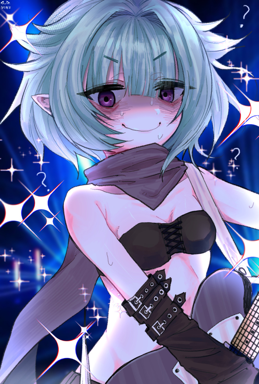 1girl, ?, arm_belt, bandeau, blue_background, breasts, brown_scarf, closed_mouth