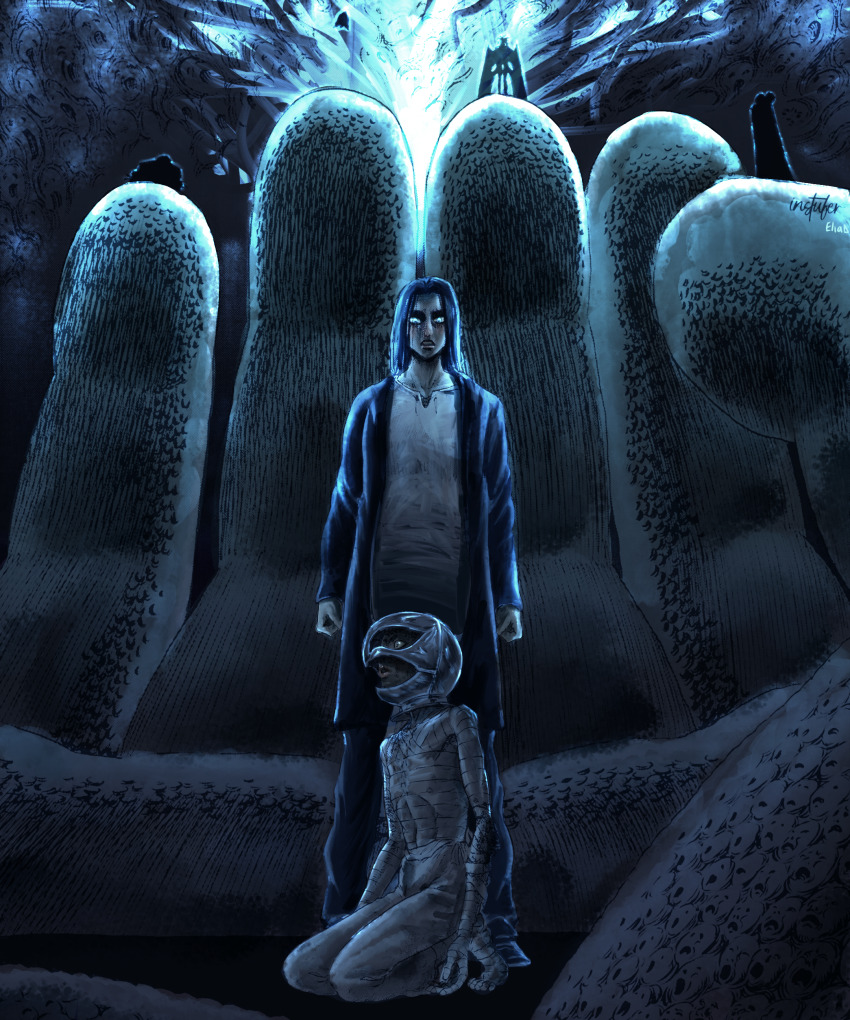 1girl, 5boys, absurdres, ankle_wrap, arm_wrap, artist_name, bandages, berserk