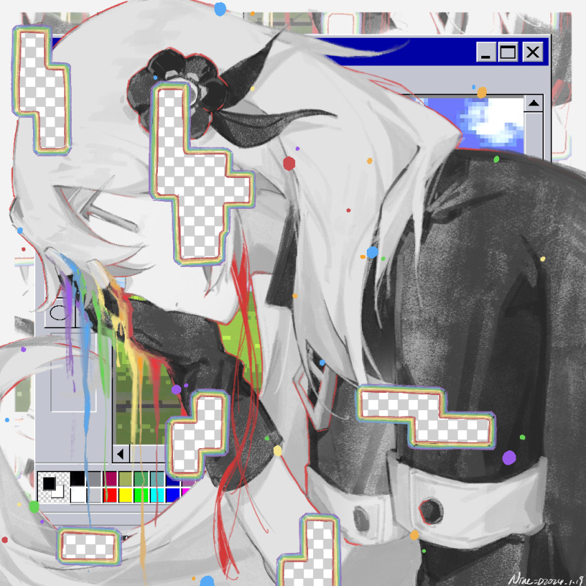 1girl, asymmetrical_sleeves, bliss_(image), blood, blood_from_forehead, closed_mouth, coat, commentary_request