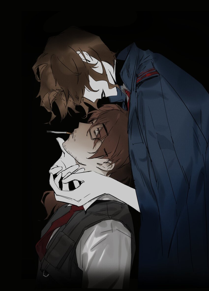 1boy, 1girl, black_pantyhose, black_vest, brown_hair, cigarette, collared_shirt, glasses, gregor_(project_moon), hermann_(project_moon), highres, limbus_company, long_hair, low_ponytail, necktie, pantyhose, parted_lips, ponytail, project_moon, red_necktie, salinmamongoose, shirt, short_hair, simple_background, upper_body, vest, white_shirt