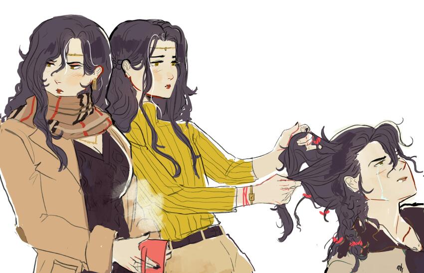 1boy, 2girls, absurdres, androgynous, belt, black_dress, black_hair, black_nails