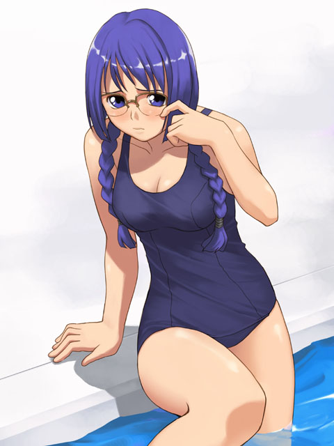 00s, 1girl, blue_hair, braid, breasts, cleavage, female_focus, glasses, gunparade_march, hair_over_shoulder, looking_at_viewer, medium_breasts, one-piece_swimsuit, pool, poolside, school_swimsuit, shy, solo, standing, swimsuit, tanabe_maki, twin_braids, wading, water, white_background, yizumi