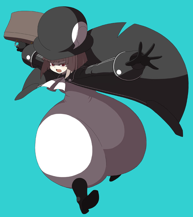 1girl, ascot, bag, blue_background, boots, briefcase, brown_hair, coat, female_focus, full_body, grey_hair, hat, jacket, ken_(koala), long_sleeves, original, pants, parachute_pants, penguin_(koala), red_eyes, short_hair, simple_background, solo