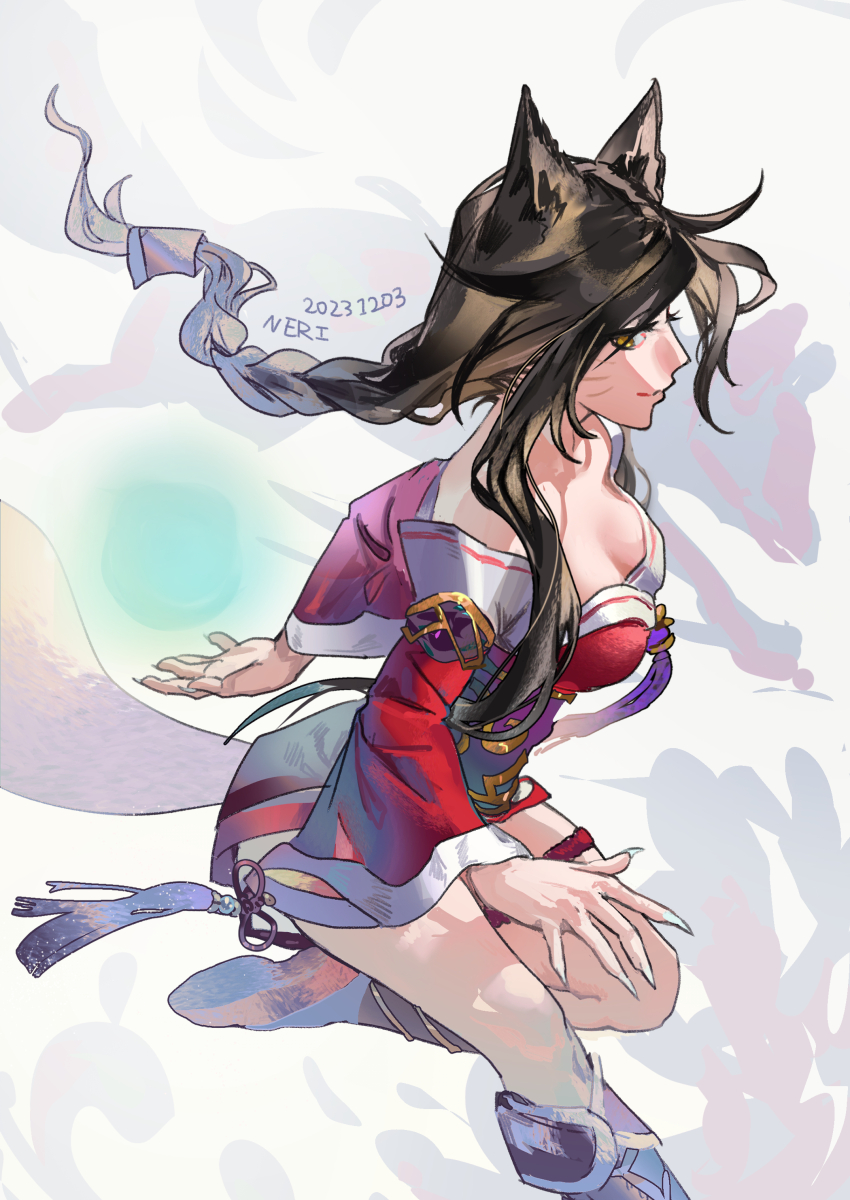 1girl, absurdres, ahri_(league_of_legends), animal_ears, artist_name, black_hair, braid, breasts
