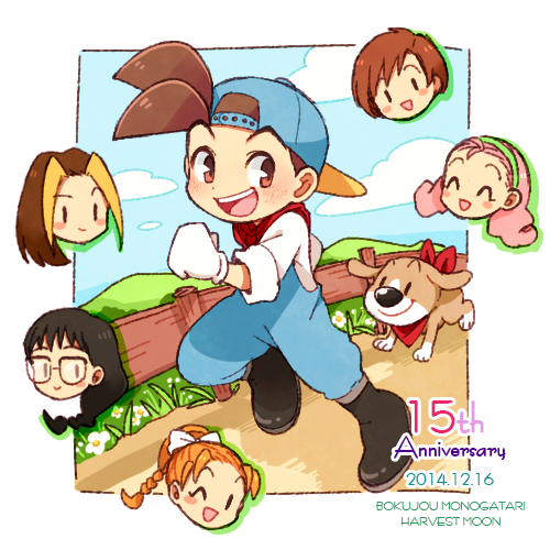 1boy, 5girls, :d, ;d, ^_^, anniversary, backwards_hat, bandana