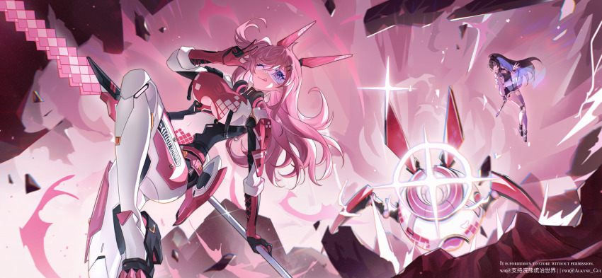 2girls, 8-bit, :p, absurdres, alkyne_gui, animal_ears, armored_bodysuit, artist_name, ayla:_kaleido_(dazzler)_(pgr), ayla:_kaleido_(pgr), ayla_(pgr), bandaid, bandaid_on_leg, black_footwear, black_hair, black_shirt, black_shorts, blue_hair, bodysuit, breasts, broken_ground, chinese_commentary, clawed_boots, cleavage, cleavage_cutout, clothing_cutout, colored_inner_hair, commentary, crop_top, cross-laced_clothes, cross-laced_gloves, explosion, fake_animal_ears, fleeing, floating_rock, fur-trimmed_shorts, fur_trim, gloves, hair_ornament, hairclip, headphones, headphones_around_neck, high_ponytail, highres, holding, holding_staff, holding_wand, holographic_interface, incoming_attack, jacket, knee_pads, large_breasts, long_hair, mechanical_ears, midair, multicolored_bodysuit, multicolored_hair, multiple_girls, non-humanoid_robot, official_alternate_costume, one-eyed, one_eye_closed, open_clothes, open_jacket, pink_bodysuit, pink_eyes, pink_gloves, pink_hair, pink_theme, ponytail, punishing:_gray_raven, purple-tinted_eyewear, purple_thighhighs, rabbit_ears, robot, selena:_capriccio_(flowing_dreams)_(pgr), selena:_capriccio_(pgr), selena_(pgr), shirt, shorts, shoulder_pads, single_knee_pad, single_thighhigh, staff, thighhighs, tinted_eyewear, tongue, tongue_out, twitter_username, two-tone_bodysuit, underboob, underboob_cutout, v, wand, watermark, weibo_watermark, white_bodysuit, white_jacket