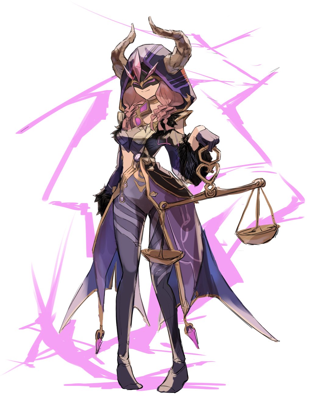 1girl, aura_(sousou_no_frieren), black_gloves, bra, braid, cape, cicin_mage_(genshin_impact), closed_mouth, cosplay, electricity, electro_cicin_mage_(genshin_impact), electro_cicin_mage_(genshin_impact)_(cosplay), facing_viewer, full_body, genshin_impact, gloves, gold_trim, hand_up, highres, holding, hood, hooded_cape, horns, multiple_braids, necktie, pants, pink_hair, purple_bra, purple_cape, purple_pants, simple_background, situki, smile, solo, sousou_no_frieren, underwear, weighing_scale, white_background