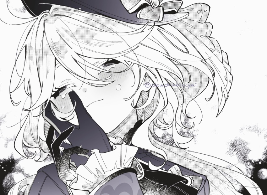 1boy, 1girl, :3, ahoge, blush, closed_eyes, closed_mouth, crying, frilled_sleeves, frills, furina_(genshin_impact), genshin_impact, gloves, greyscale, hand_on_another's_cheek, hand_on_another's_face, hat, long_hair, low_twintails, monochrome, neuvillette_(genshin_impact), okuchichiccyai, pov, pov_hands, smile, top_hat, twintails, very_long_hair