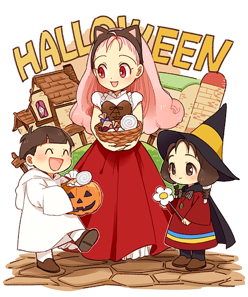 1boy, 2girls, :d, ^_^, animal_ears, barn, basket, black_cape