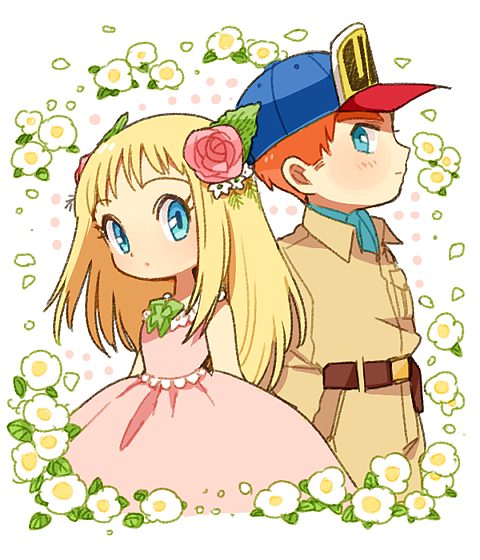1boy, 1girl, baseball_cap, belt, blonde_hair, blue_eyes, blush, bokujou_monogatari