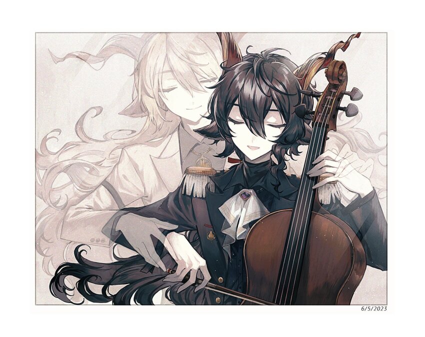 2boys, animal_ears, arknights, ascot, belt, black_belt, black_hair, black_jacket