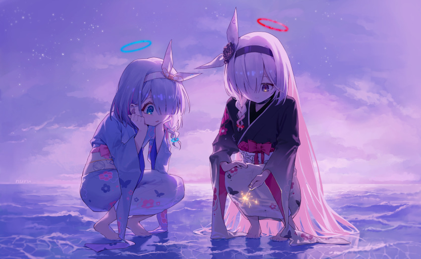 2girls, arona_(blue_archive), arona_(new_year)_(blue_archive), black_eyes, black_hairband, blue_archive, blue_eyes, blue_hair