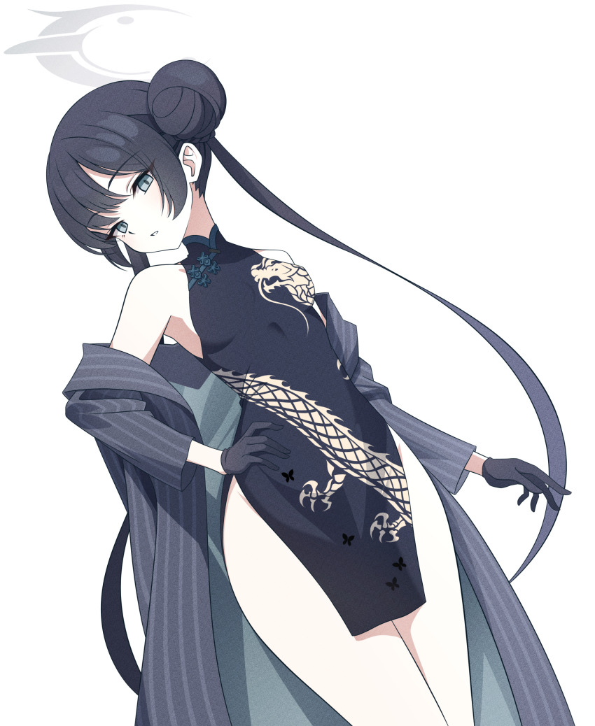 1girl, absurdres, akizawa, black_dress, black_gloves, black_hair, blue_archive, butterfly_hair_ornament, china_dress, chinese_clothes, coat, commentary, cowboy_shot, double_bun, dragon_print, dress, gloves, grey_coat, grey_eyes, grey_halo, hair_bun, hair_ornament, halo, highres, kisaki_(blue_archive), long_hair, long_sleeves, open_clothes, open_coat, simple_background, sleeveless, sleeveless_dress, solo, striped_clothes, striped_coat, twintails, vertical-striped_clothes, vertical-striped_coat, white_background