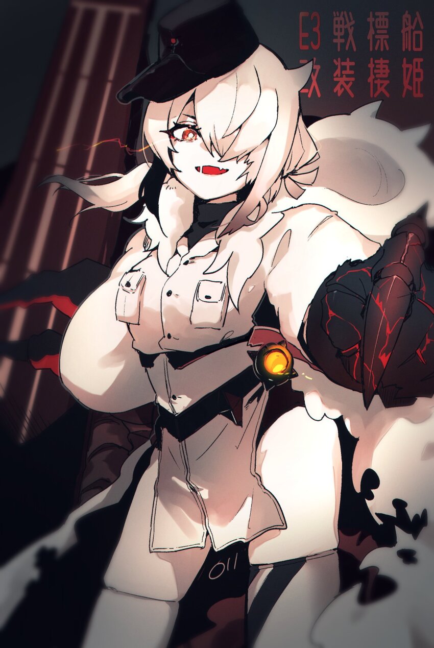 1girl, absurdres, abyssal_ship, black_hat, breast_pocket, breasts, claws, eye_trail