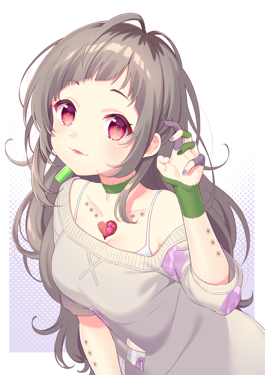 1girl, bare_shoulders, breasts, brown_hair, cleavage, closed_mouth, dress, grey_dress