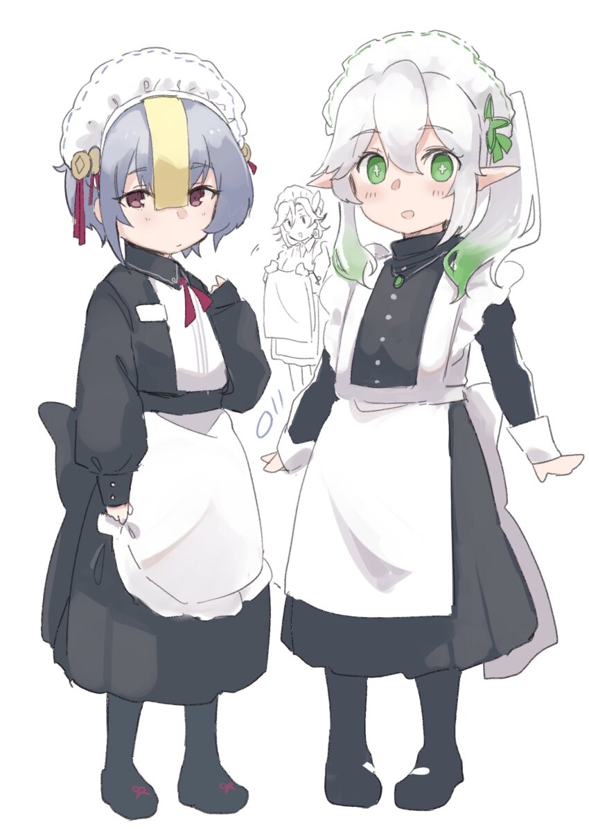 1boy, 2girls, absurdres, alternate_costume, apron, black_dress, black_footwear, black_pantyhose