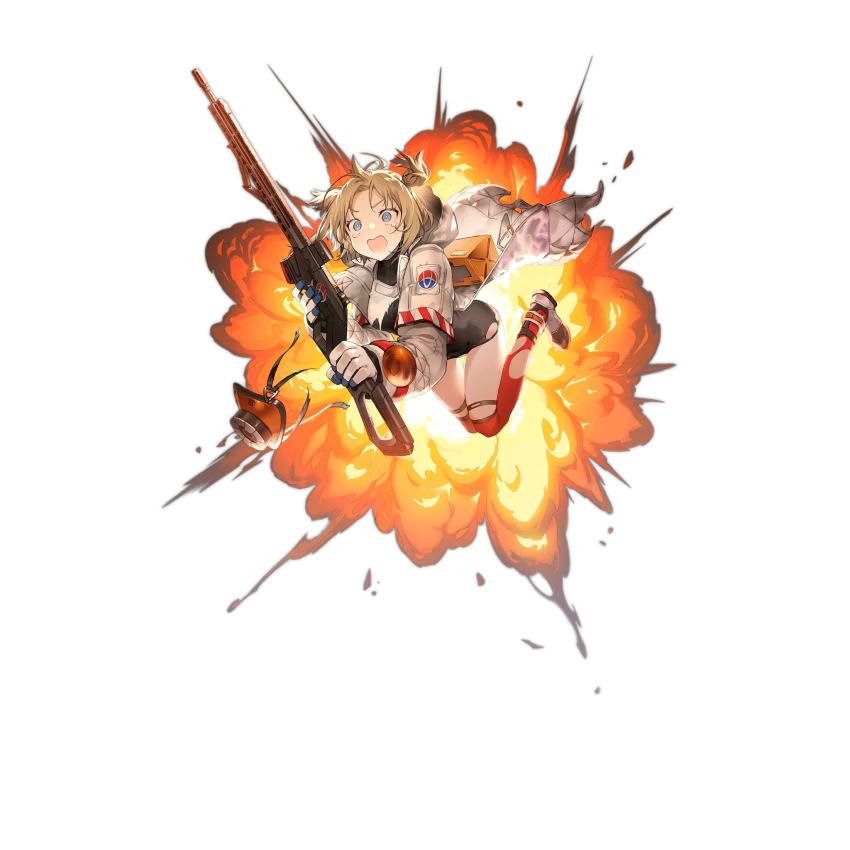 1girl, armband, artist_request, black_gloves, black_leotard, black_shoes, blonde_hair, blue_eyes