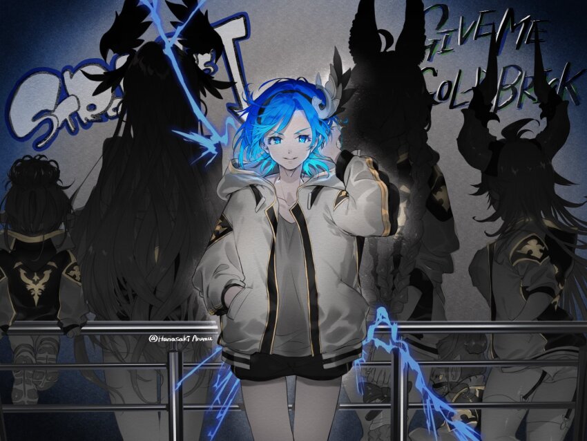 6+girls, against_railing, animal_ears, arumu, blue_eyes, blue_hair, blue_theme, braid