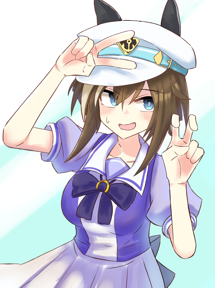 1girl, adjusting_clothes, adjusting_headwear, animal_ears, blue_eyes, bow, breasts, brown_hair