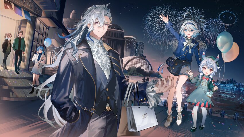 2boys, 4girls, :d, aerial_fireworks, ahoge, alternate_costume, ankle_boots, antennae