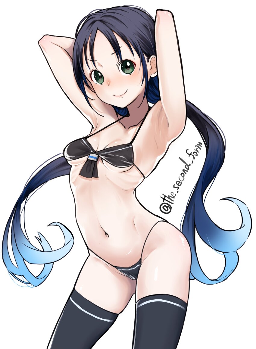 1girl, absurdres, alternate_costume, armpits, arms_behind_head, bikini, black_bikini, black_hair, black_thighhighs, blue_hair, breasts, contrapposto, front-tie_bikini_top, front-tie_top, gradient_hair, green_eyes, highres, holly_dainikeitai, kantai_collection, long_hair, low_twintails, multicolored_hair, one-hour_drawing_challenge, simple_background, small_breasts, smile, solo, suzukaze_(kancolle), swimsuit, thighhighs, twintails, twitter_username, white_background