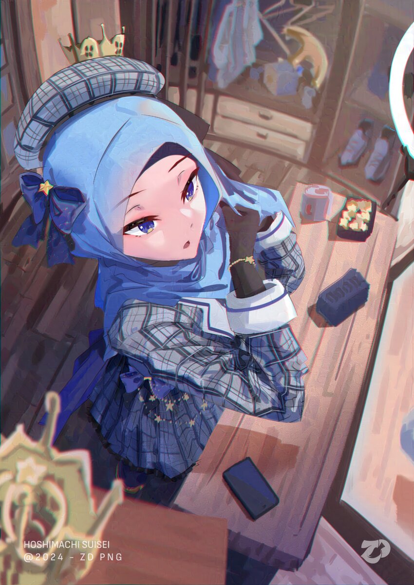 1girl, absurdres, adjusting_clothes, adjusting_headwear, black_gloves, blue_bow, blue_eyes, blue_hair, blue_hijab, bow, cellphone, commentary, crown, desk_lamp, dress, english_commentary, gloves, hat, highres, hijab, hijab_as_hair, hololive, hoshimachi_suisei, hoshimachi_suisei_(1st_costume), lamp, phone, plaid_clothes, plaid_dress, plaid_hat, smartphone, table, virtual_youtuber, watermark, wooden_floor, wooden_table, zull