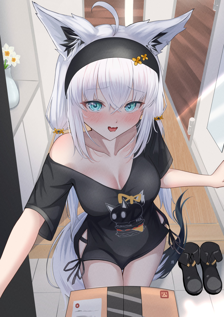 1girl, absurdres, ahoge, animal_ear_fluff, animal_ears, black_hairband, black_headband, black_panties, black_shirt, black_shoes, blush, braid, breasts, cleavage, commentary_request, doorway, earrings, fox_ears, fox_girl, fox_tail, green_eyes, hair_between_eyes, hairband, headband, highres, hololive, indoors, jewelry, long_hair, looking_at_viewer, low_twintails, medium_breasts, mitsu_3_33, official_alternate_costume, open_mouth, opening_door, package, panties, pentagram, pov_doorway, shirakami_fubuki, shirakami_fubuki_(loungewear), shirt, shoes, side-tie_shirt, sidelocks, solo, tail, twintails, underwear, unworn_shoes, virtual_youtuber, white_hair