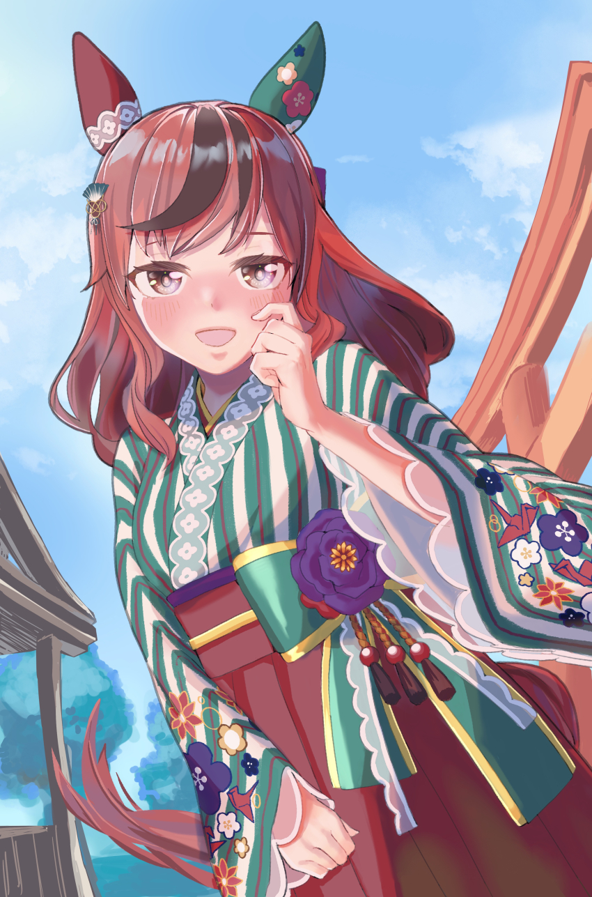 1girl, absurdres, animal_ears, blurry, blurry_background, blush, brown_eyes, collarbone, commentary_request, ear_covers, fidgeting, hair_ornament, highres, horse_ears, horse_girl, japanese_clothes, kaninoto, kimono, long_hair, looking_at_viewer, medium_hair, nice_nature_(converging_wishes)_(umamusume), nice_nature_(umamusume), official_alternate_costume, official_alternate_hairstyle, open_mouth, outdoors, red_hair, shrine, solo, sparkle, umamusume