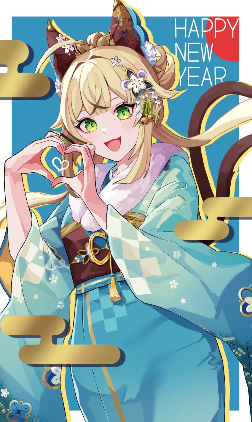 1girl, ahoge, bell, blonde_hair, blue_kimono, brown_sash, checkered_clothes, crossed_bangs