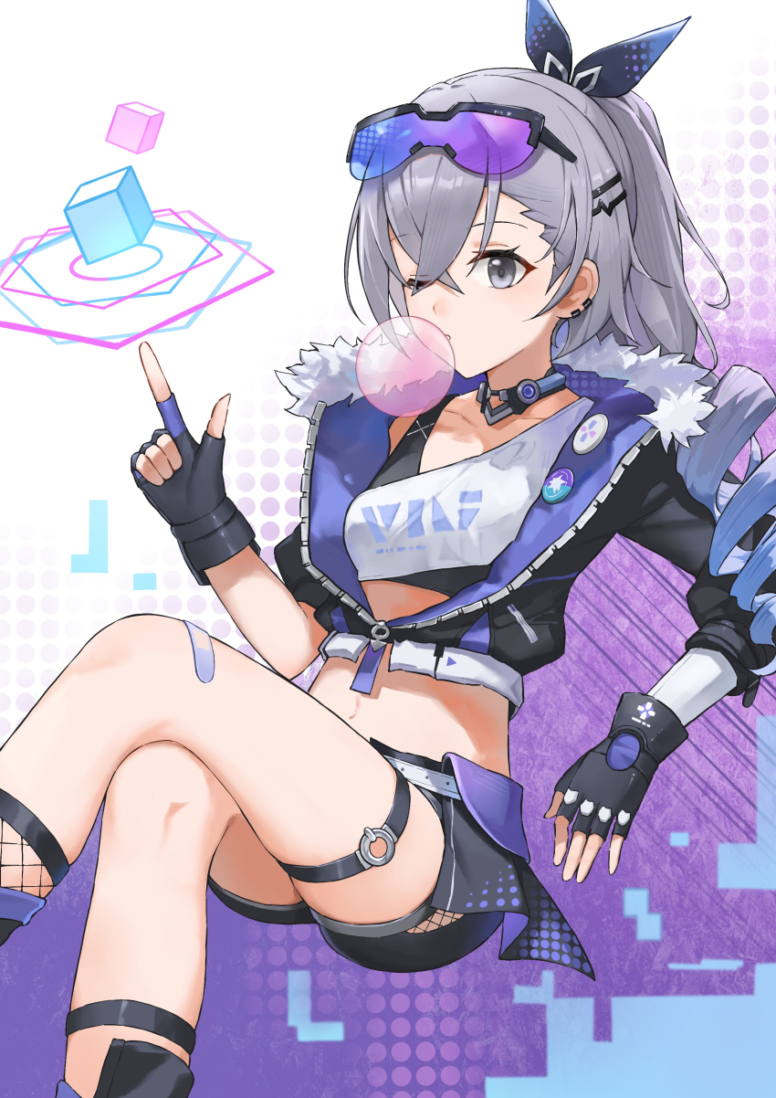 1girl, absurdres, badge, bandaid, bandaid_on_knee, bandaid_on_leg, black_gloves, black_jacket, black_shirt, black_shorts, blowing_bubble_gum, blowing_bubbles, blue_background, bow, button_badge, chewing_gum, choker, cookieee, crop_top, cropped_jacket, cropped_shirt, crossed_bangs, crossed_legs, cube, drill_hair, drill_ponytail, earclip, eyewear_on_head, finger_gun, fingerless_gloves, fishnets, gloves, grey_eyes, grey_hair, hair_between_eyes, hair_bow, hair_ornament, hairclip, highres, honkai:_star_rail, honkai_(series), invisible_chair, jacket, midriff, multicolored_background, navel, o-ring, o-ring_thigh_strap, one_eye_closed, purple_background, shirt, shorts, sidelocks, silver_wolf_(honkai:_star_rail), sitting, sleeveless, sleeveless_shirt, solo, thigh_strap, two-sided_fabric, two-sided_jacket, two-tone_shirt, unzipped, white_background, white_shirt
