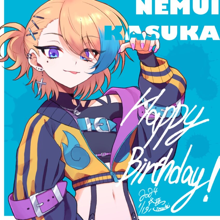 1girl, belt, blonde_hair, blue_background, blue_eyes, blue_hair, earrings, hair_ornament