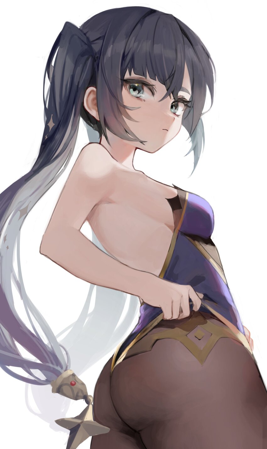 1girl, absurdres, adjusting_clothes, adjusting_leotard, ass, backless_leotard, backless_outfit, bare_arms