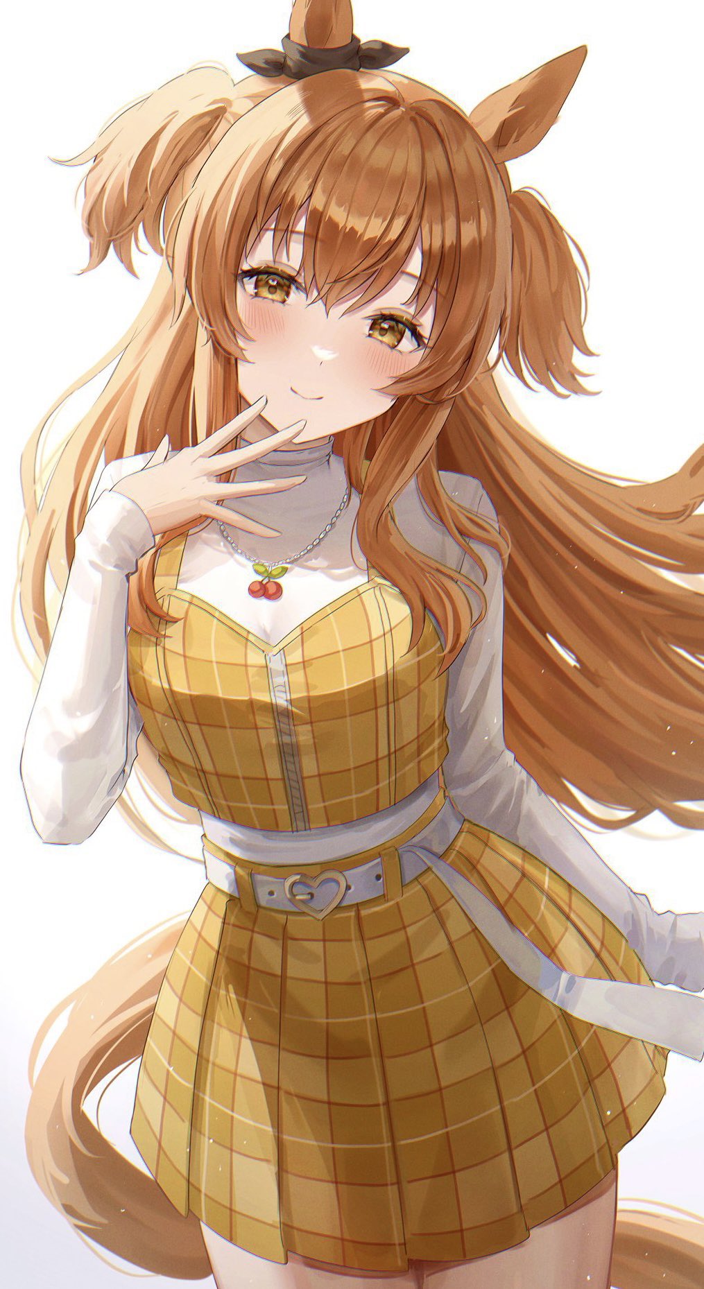 1girl, alternate_costume, animal_ears, belt, blush, cherry_necklace, closed_mouth, commentary